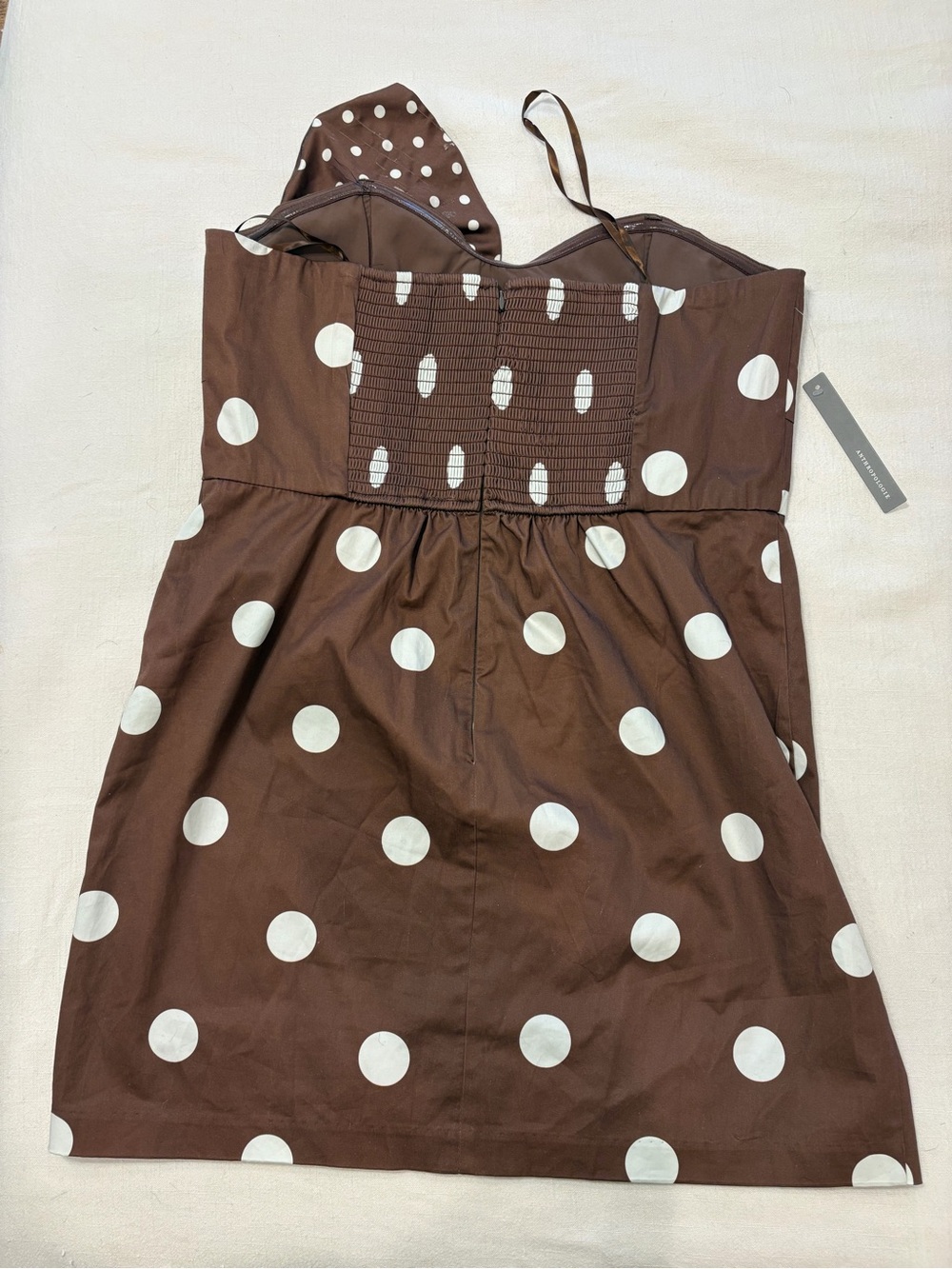 Hutch Strapless Brown Dress with White Polka Dots and Bow - Picture 2 of 4